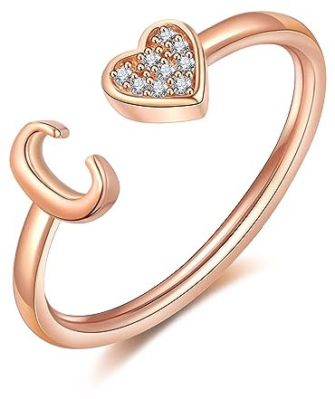 FUNEIA Herz Ring mit Buchstaben Damen Frauen Gold Silber Rosegold Verstellbarer Initiale A-Z Zirkonia Fingerring Stapelring Wasserfest Buchstabering Schmuck Mädchen Geschenkbox