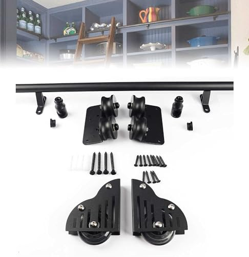 Rollbare Bibliotheksleiter, Mobile Leiterschiene aus schwarzem Rundrohr aus Stahl – Hardware-Kit für Schiebetüren für Scheunentore, 3,3 bis 20 Fuß, Hardware-Kit für rollende Leiter für Bibli