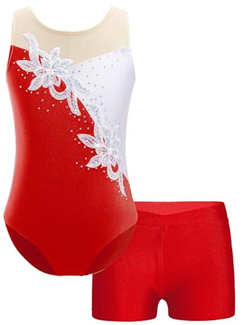 Yruioon Mädchen Turnanzug Glitzer Gymnastikanzug Ärmellos Ballettanzug mit kurze Hose Gymnastik Leotard Turntrikot Wettbewerb Tanzkostüm Rot 110-116