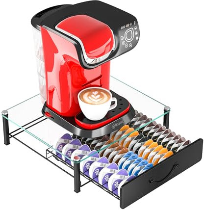 Support de 64 Capsules de Café en Verre - Tiroir de Rangement, Support de Machine à Café, Design Anti-Vibration