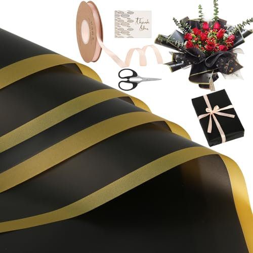 20 Bögen Schwarzes Blumenstrauß Geschenkpapier (mit Band, Karte und Schere), 58x58 cm Floristen Blumenpapier, Wasserfestes Blumenstrauß Papier für Geschenke, Blumen und Bastelarbeiten