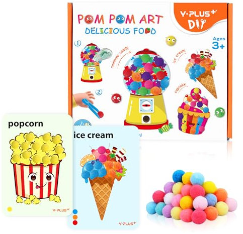 YPLUS Bastelset für Kinder mit Pompons Kreatives Bastelsets, Bastelsets Kinder 3-6 Jahre, Bastelset Mädchen und Junge - Unterhaltsames und Lehrreiches Bastelkoffer- Lebensmittel