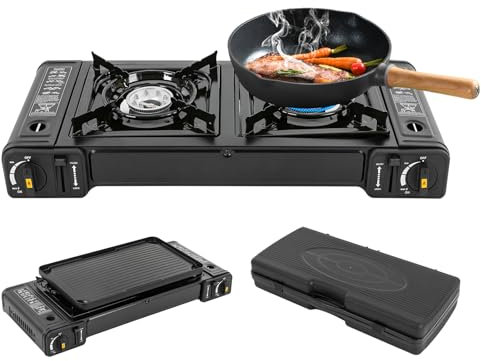 Réchaud à gaz 2 en 1 pour camping - 2 feux - Avec plaque de cuisson pour barbecue et mallette de transport - Pour les activités de plein air comme le camping ou la randonnée