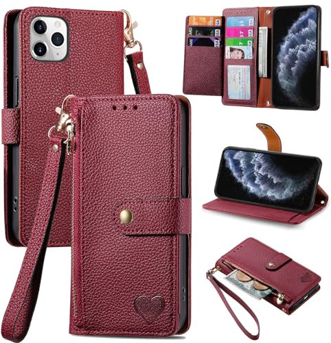 VEEMOS Zipper Wallet Case for Apple iPhone 11 Pro Phone Case with Purse Card Holders RFID Blocking Leather Flip Case Book Cover Wrist Strap Women - Red