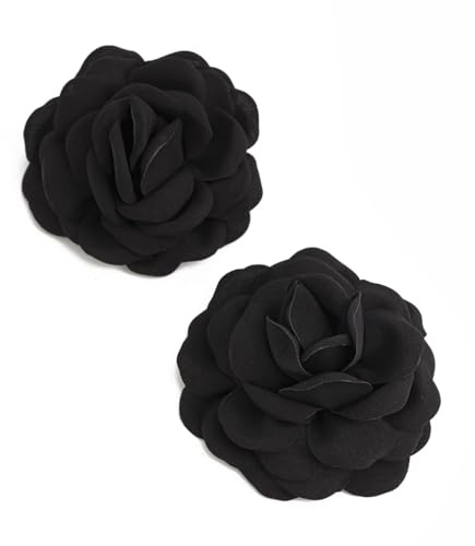 IMINI Große Stoff-Blumen-Ohrringe für Damen - Böhmische Blumen Statement Ohrringe - Silber mit Kupfer - Ohrstecker mit Back Finding - Übertriebene Ohrhänger-Schmuck (Schwarz)