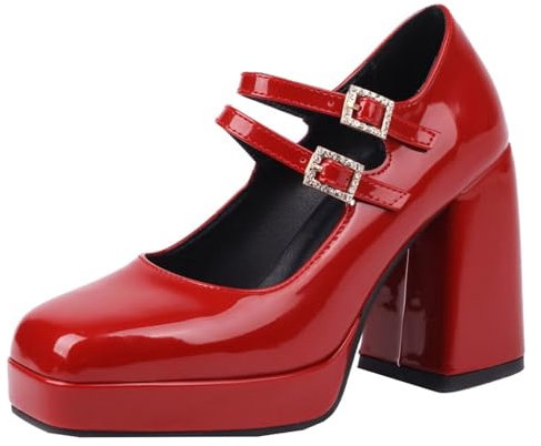 HSyc JRX Lack Mary Jane Block Heel Pumps with Platform and Buckle High Heels Women's Shoes, red, 6 UK
