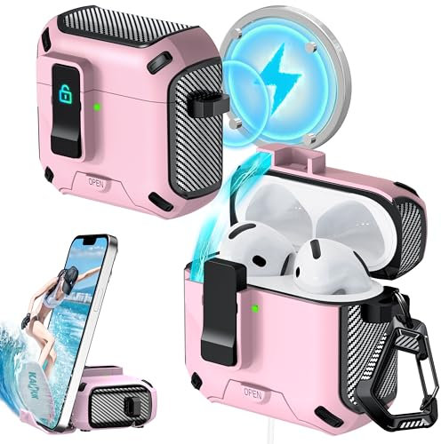 RFUNGUANGO Custodia compatibile con AirPods 4 con penna per la pulizia, clip di bloccaggio, protezione completa del corpo, funzione di supporto e compatibile con Magsafe,Rosa