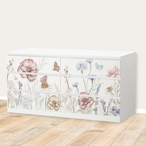 Unik Nordic Aufkleber Schmetterlingsgarten für MALM Kommode mit 160 cm Schrankbreite, 6 Schubladen-Folien, Sticker für Schrank, Möbelfolie fürs Kinderzimmer, Schrankfolie für Kinder