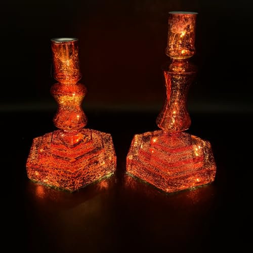 Kerzenständer aus Glas für Stabkerzen - 2er Set Stabkerzenhalter mit LED-Beleuchtung inkl. 6-Stunden Timerfunktion - Weihnachtsdeko (Rot)