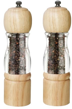 ManGotree Pepper Mill & Salt Grinder Set | Natural Solidwood with Acrylic Visible Window | Salt and Pepper Grinder with Adjustable Coarseness – Perfect for Gourmet Cooking, 8 Inch, 2 Pack (Natural)