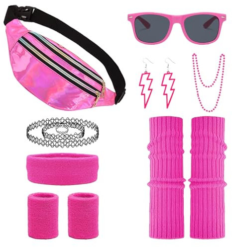 80er 90er Jahre Outfit Accessoires Damen,80er Jahre Hippie Kostüm Accessoires mit Bauchtasche, Stirnband, Beinwärmer,Armbänder,Brille, Ohrring,80er Jahre Kostüm für Neon Karneval Fasching Party
