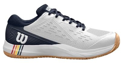 Wilson Rush Pro Ace Clay Herren-Tennisschuhe, Sichere Passform, Dynamische Unterstützung, Atmungsaktives Mesh, Ideal für Sandplätze, Weiß/Navy Blazer/Gum1a, Größe 10,5