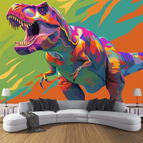 Fototapete Bunter Dinosaurier PVC Tapeten Moderne Wandtapete Wohnzimmer Schlafzimmer Tyrannosaurus Rex Tapeten Wohnzimmer Jugendzimmer Wanddeko Wandtattoo selbstklebende 150x105cm