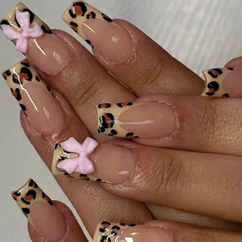 French Tip Press Nails - 12 Sizes Long Coffin Design, 3D Pink Bows & Leopard Print - Full Cover Acrylic for Daily Wear