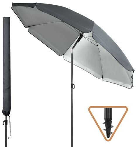 Menz Sonnenschirm Strand UPF 50+, ALL-IN-ONE SET - Sonnenschirm Balkon 180 cm + Schirmhülle + Sonnenschirmhalter Balkongeländer + Bodenhülse + Sonnenschirmständer - Für Balkon, Strand, Garten