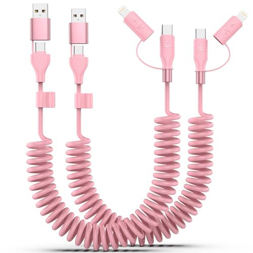 2 Pack Spiralkabel USB-C und Lightning Kabel 2-in-1, 91 cm iPhone 15 Kfz-Ladekabel, 60 W Schnellladekabel für iPhone 15 16, Samsung Galaxy, unterstützt Apple CarPlay & Android Auto - Rosa