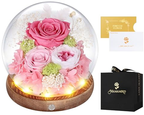 MAMAMIKO Rosa Stabilizzata Vera con Luci LED,Fiori Rose Eterna la Bella e la Bestia,Regalo per Lei,Idee Regalo San Valentino,Compleanno,Anniversario per Donna Fidanzata Mamma,Festa della Mamma(Rosa)