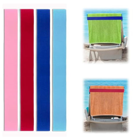 Beach Towel Bands for Sun Loungers, 4 Pack Windproof Sunbed Towel Straps - Elastic Sun Lounger Towel Clips & Holders for Beach Towels, Pool, Cruise Chairs - No More Flying Towels (4 Colors)