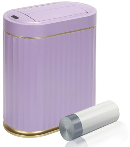 ELPHECO Poubelle de salle de bain avec couvercle papillon, détecteur de mouvement, poubelle automatique pour décoration de salle de bain, accessoires de salle de bain, cuisine, salon, bureau, violet