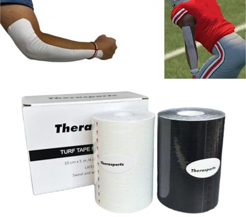 Therasports 2 Rolls Turf Tape Football - Latex Free Sport Tape - Ultra Sticky Athletic Tape, Protects from Turf Burn, Waterproof & Flexible, Black & White (4 inch)