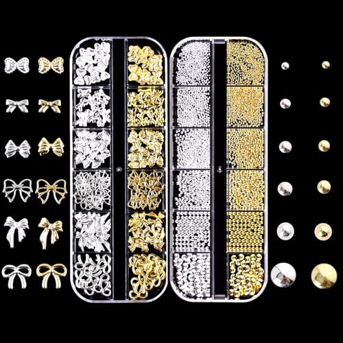 Gold Silver 3D Nail Charms with Elegant Bow & Studs, Premium Alloy Nail Gems for Art, 2 Boxes Flat Back Rhinestones Accessories for DIY Decorations