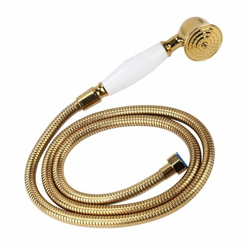 HEJIGOOD Juego de alcachofa de ducha de mano de latón vintage, mango de cerámica dorado y blanco con manguera de acero inoxidable de 59 pulgadas, conector G1/2 pulgadas