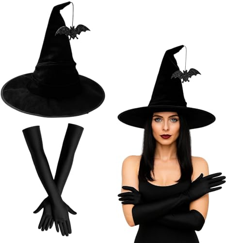 BaiDekun 2-teiliges Hexenkostüm Damen Set: hexenhut damen mit glitzernder Fledermaus-Anhänger & langen Handschuhen – hexenkostüm damen Accessoires für Halloween, Karneval & Cosplay Party