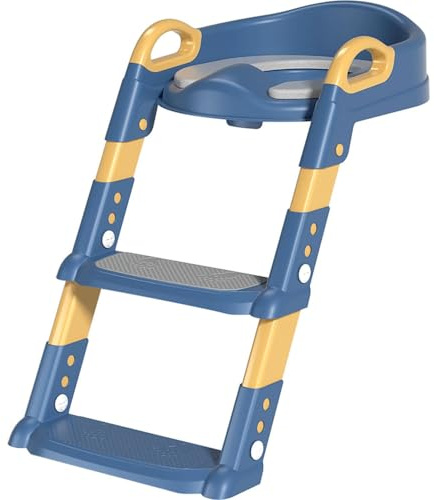 Kids Toilet Training Ladder with Soft Seat & Splash Guard – Foldable Potty Training Chair for Toddlers with Adjustable Step, Anti-Slip Handles & Easy Assembly – Unisex Design (Blue)