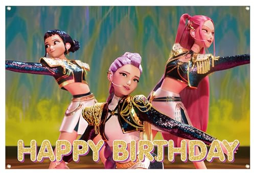 Freyauga Happy Birthday Banner, Kindergeburtstag Hintergrund Banner 150x100cm, Bunter Fotohintergrund mit Demon-Hunters-Motiv für Mädchen Geburtstagsdeko, Alles Gute zum Geburtstag Party Deko Zubehör