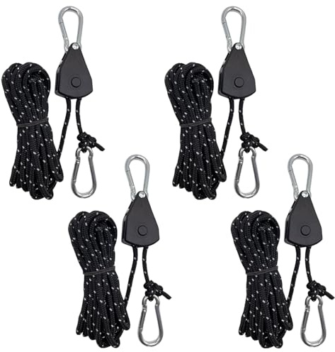 4 PCS Reflective Tent Guy Ropes, 4 mm Ratchet Ropes with Rope Tensioner, 4M Heavy Duty Adjustable Reflective Tent Guy Rope for Camping, Hiking, Awning, Black