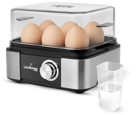 LEHMANN Cuociuova Elettrico per 6 Uova – Segnale Sonoro e Luminoso – Regolazione del Grado - Cuoci Uova Perfette grazie 5 programmi - Acciaio Inox - incl. Misurino per l’acqua con Perfora-uova