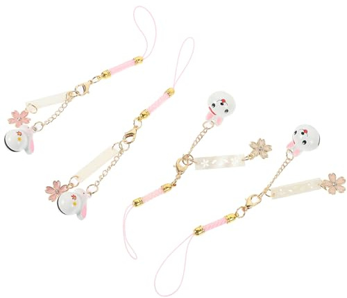 Mikinona 4 Stück Hasen Anhänger mit Glocke aus Legierung Hängende Blumen Design Handy Umhängeband als Glücksbringer für Dekoration und Amulettbindung