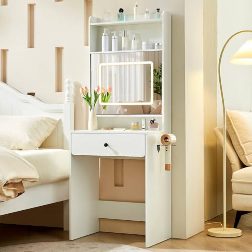 LEMROE Dressing Table with Led Mirror & Charging Station, Compact Vanity | 60cm Makeup Table with Drawer and Open Shelves, USB Port & Click-Open Mirror with Hidden Storage for Small Spaces Bedroom