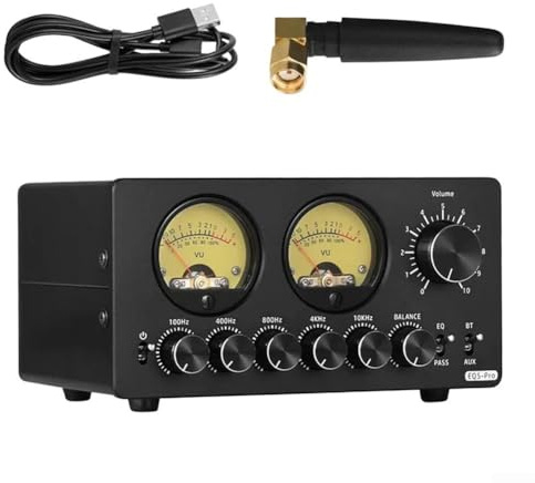EQ5-PRO 5-Band Audio-Equalizer, mit Bluetooth- 5.0 Empfänger, Stereo Vorverstärker, Vintage VU-Meter, für RCA und 3,5mm AUX Ein für Hi-Fi Musik und Studioanwendungen, ohne Netzadapter