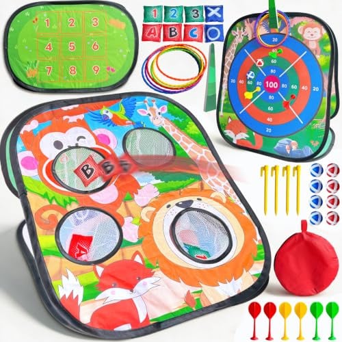 Kulveanju Cornhole Wurfspiel Kinder Outdoor - 5 in 1 Dartscheibe, Ringwurfspiel, Familienparty Strand Spiel Garten Indoor Spielzeug, Geburtstag Weihnachts Geschenke für Jungen Mädchen ab 3 Jahre, Tier