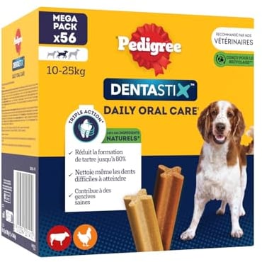 PEDIGREE DENTASTIX 56 Bâtonnets à Mâcher pour Moyen Chien 10-25kg, 8 Sachets de 7, Saveur Poulet et Bœuf, Détartrage Dentaire Chien, Soins Dentaires pour Chien