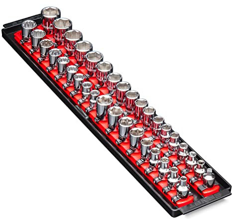 Ernst Manufacturing - 8453 Socket Boss 2-Rail 3/8-Inch-Drive Socket Organizer, 19-Inch, Red - Socket Storage Tray and Organization System for Mechanics and Automotive Service Technicians