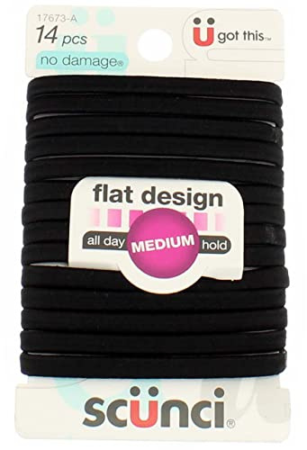 Scunci No-Damage Comfortable Black Hair Ties, Flat Design All-Day Hold, 14-Pieces per Pack (3-Packs)