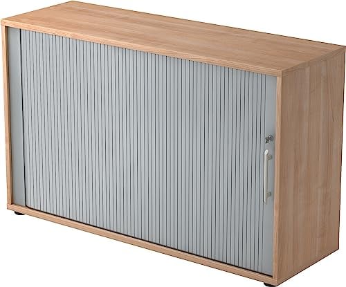 bümö Aktenschrank abschließbar mit Rollladen, Rollladenschrank für Ordner & Co. - Büroschrank mit Rollo, abschließbarer Ordnerschrank aus Holz in Nuss/Silber mit Relinggriff