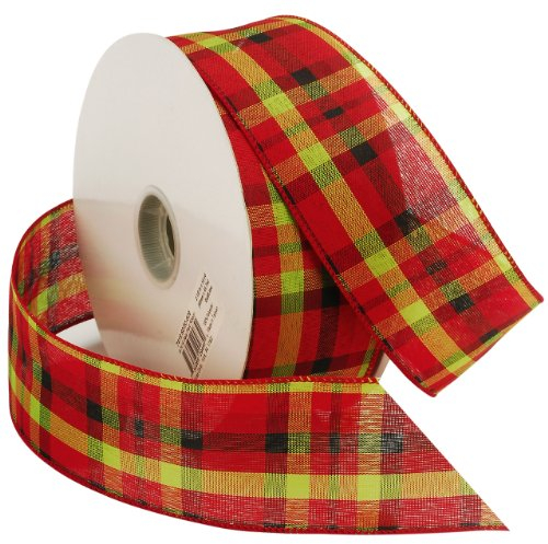 Morex Ribbon Gala Plaid Wired Fabric Ribbon, 2 1/2-Inch by 50-Yard Spool, Red/Lime