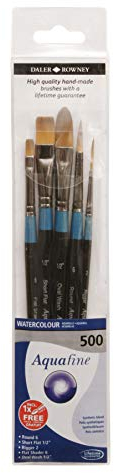 Daler-Rowney Aquafine Lot de 5 pinceaux aquarelle en poils synthétiques doux Manche court Rond ovale Délavé Court Plat Rigger et Flat Shader
