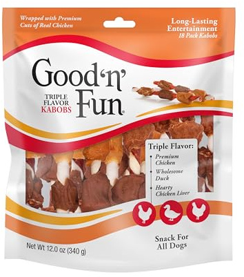 Good N Fun Triple Flavor Kabobs Chews for All Dogs, 18 Count, Treat Your Dog to Chews Made from Beef Hide, Real Chicken, Pork Hide, Duck and Chicken Liver