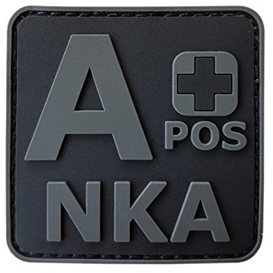 ACU All Black APOS A+ NKA Blood Type No Known Allergies Morale PVC Rubber Fastener Patch