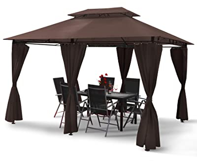 Luxus LED - Pavillon 3x4m Minzo - inkl. Seitenwände mit LED Beleuchtung + Solarmodul Gartenpavillon Partyzelt Gartenzelt (ohne Moskitonetz, braun)