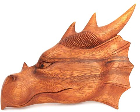 Windalf Holz Drache Wandfigur MAJESTIX 29 cm Links schauender Wikinger Drachenkopf Glücks-Drache Wandrelief Handarbeit