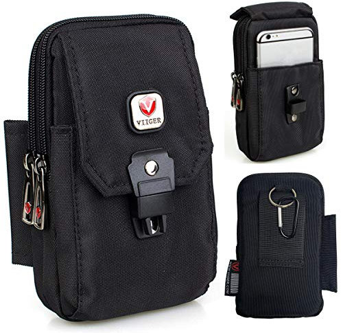 Large Multi-Purpose Nylon Cell Phone Belt Holster for iPhone 16 Pro Max Case 15 Pro Max Galaxy S25 Ultra S24 Ultra Universal Dual Smartphone Pouch with Belt Loop Clip for Men for 2 Mobile Phones black