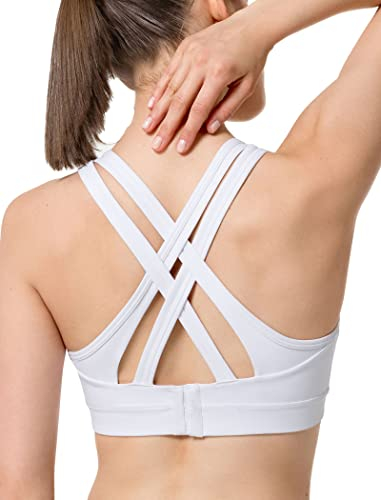 Yvette Sport BH Starker Halt Gepolstert Gekreuzt Rücken Große Brüste Lauf Fitness Yoga Bra, Weiß, M