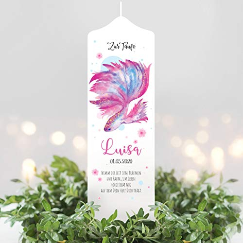 Wandtattoo Loft Taufkerze Junge oder Mädchen Fisch Rosa Blau Taube weiße Kerze zur Taufe, Geburt Kommunion weiß 25 x 7 cm mit Name, Datum, / Taufkerze 25 x 7 cm (abgebildeter Taufspruch)