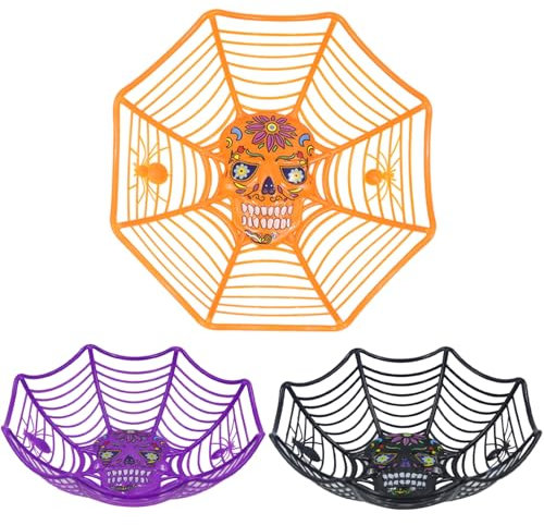 Triumpeek Halloween Party Supplies, Set of 3 Halloween Plastic Trick Treat Bowls, Candy bowl Holder Halloween Spider Web Bowl for Day of The Dead in Orange, Purple and Black