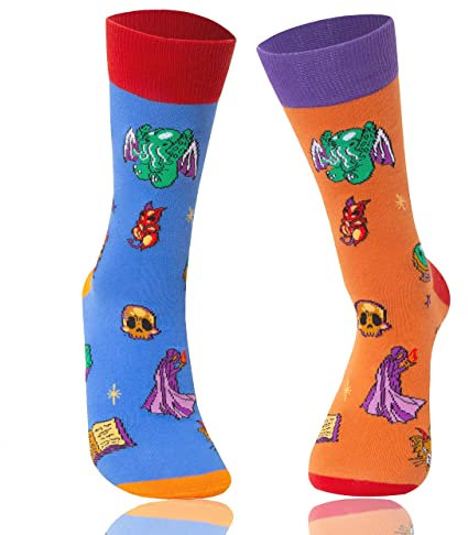 Fantasydice 2 Paar Cthulhu Eldritch lustige Socken für Männer dnd Geschenke Herren Socken Geschenke Dämonenschädel Kultist Neuheit Crew Socken dnd Geschenk Blau und Orange Gamer Geschenke Größe 41-45